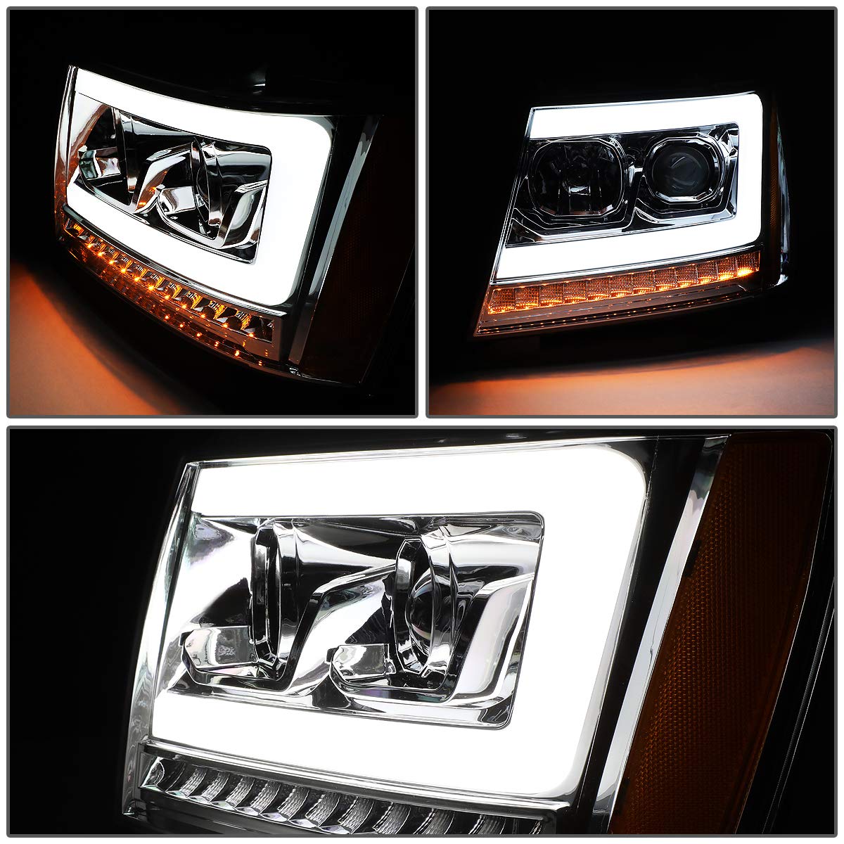 DNA MOTORING HL-HPL-CSA07-CH-AM LED DRL Sequential Turn Signal Projector Headlight Headlamps Compatible with 07-13 Avalanche, Chrome/Amber