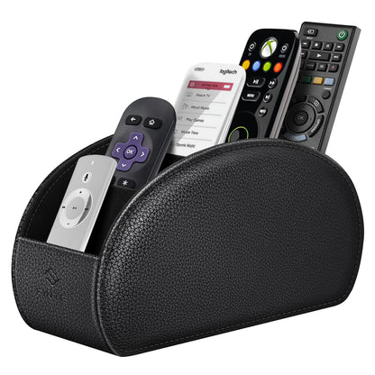 Fintie Remote Control Holder, 5 Compartments Vegan Leather TV Remoter Caddy Desktop Organizer Makeup Brush Holder Storage Fits TV Remotes, Media Controllers, Office Supplies(Black)