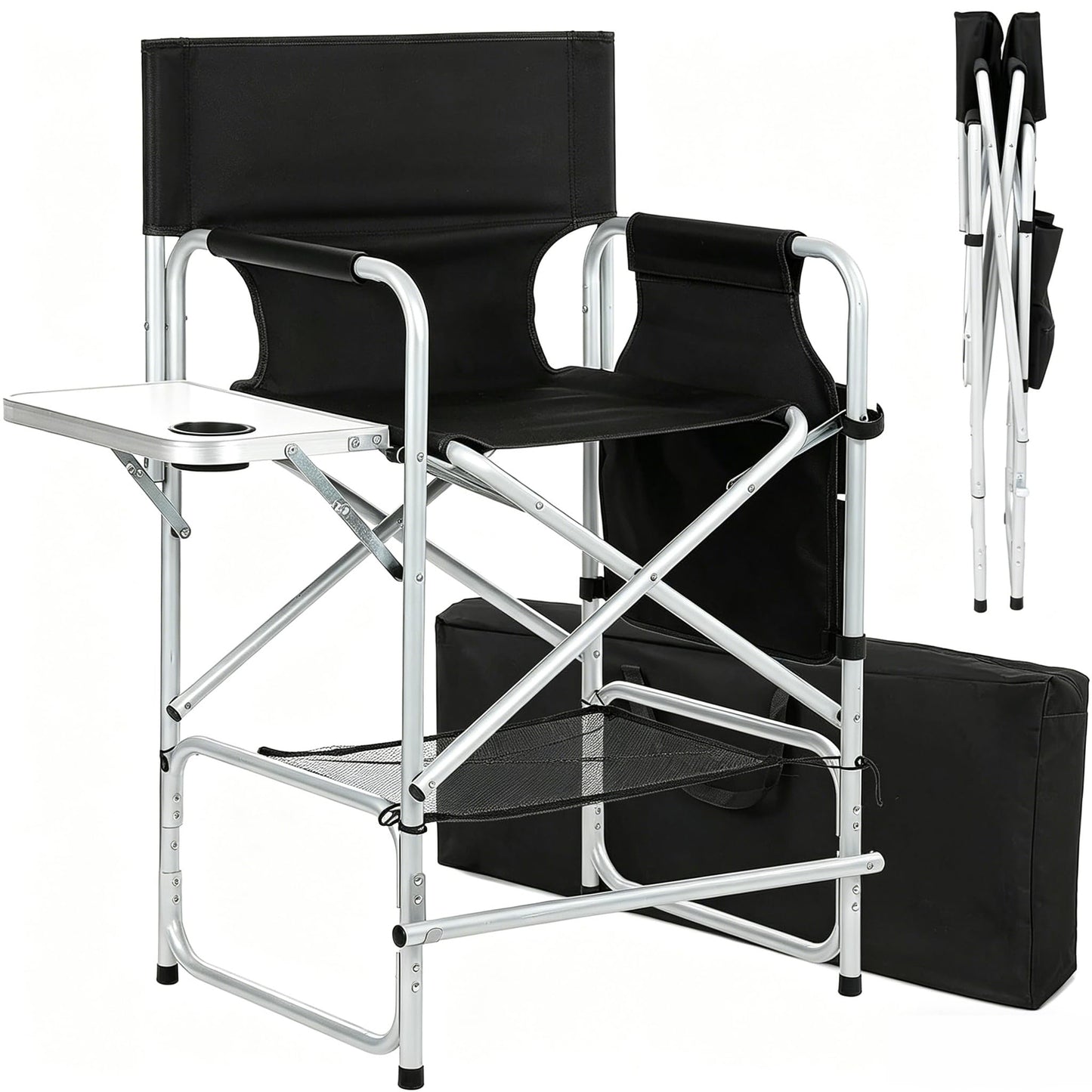 BRLJUNEO Makeup Artist Chair, 41'' Foldable Tall Directors Chairs w/Side Table Cup Holder Storage Bag and Footrest, Portable Makeup Chair, 400LBS Load Capacity, Black