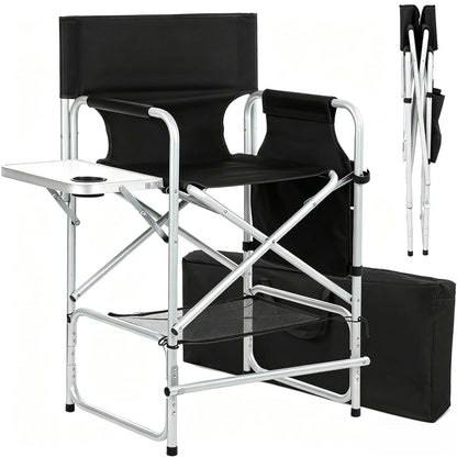 BRLJUNEO Makeup Artist Chair, 41'' Foldable Tall Directors Chairs w/Side Table Cup Holder Storage Bag and Footrest, Portable Makeup Chair, 400LBS Load Capacity, Black