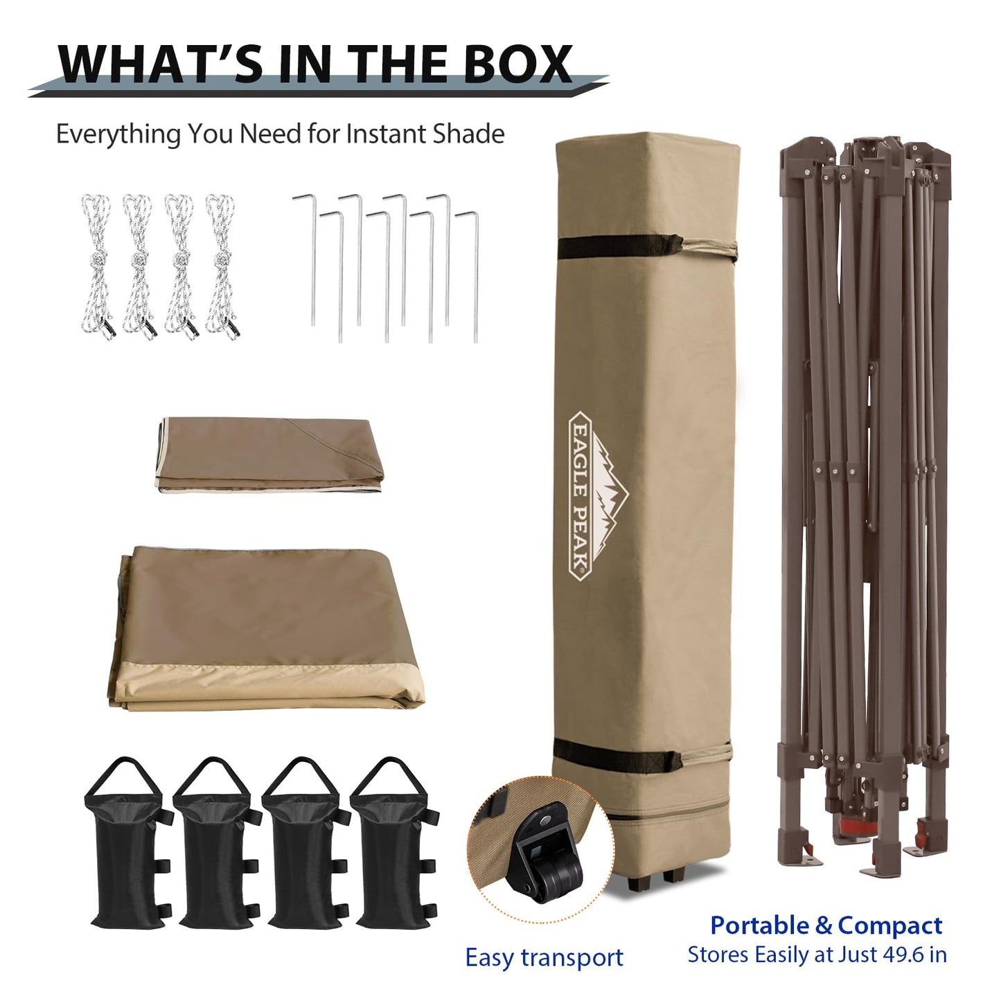 EAGLE PEAK 13x13 Straight Leg Pop Up Canopy Tent Instant Outdoor Canopy Easy Single Person Set up Folding Shelter w/Auto Extending Eaves 169 Square Feet of Shade (Beige)