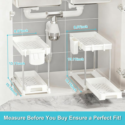 Under Kitchen Sink Organizer - 2-Tier Multi-Purpose Storage Solution | White, 2 Pack with Hooks