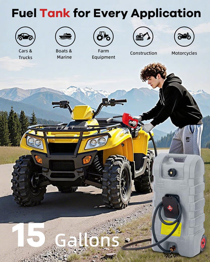 Garvee 15 Gallon Gas Caddy, Heavy-Duty Gas Can and Fuel Caddy with Manual Fuel Transfer Pump, Portable Fuel Tank on Wheels with 10 ft Hose for Lawn Mowers, Cars, Boats, ATVs, Home and Farm Use, Grey