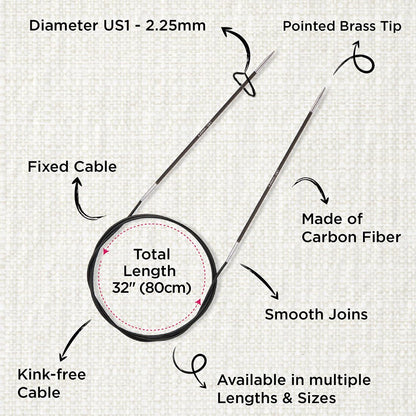 KnitPro Karbonz Fixed Circular Needle 32"(80cm) | US Size 1 (2.25mm)
