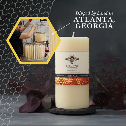Big Dipper Wax Works Large Ivory Beeswax Pillar Candle 3" x 6" – 90-Hour Burn, Non-Toxic, Dripless, Handcrafted in USA, Clean Burning with Natural Honey Scent
