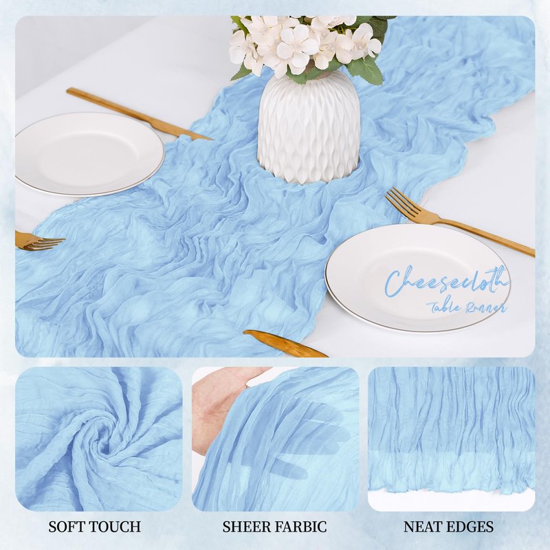RealBox 12 Pack Baby Blue Cheesecloth Table Runner 17x108 Inch Semi Sheer Boho Gauze Cheese Cloth Fabric Table Runners, for Wedding Party Baby Shower Birthday Home Decor Garden Farmhouse