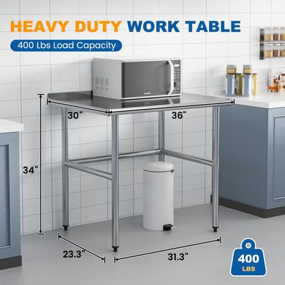 Chingoo Open Base Stainless Steel Work Table 30x36 Inch with Backsplash, Heavy-Duty Prep Table for Commercial Restaurant, Kitchen, Bakery, or Garage