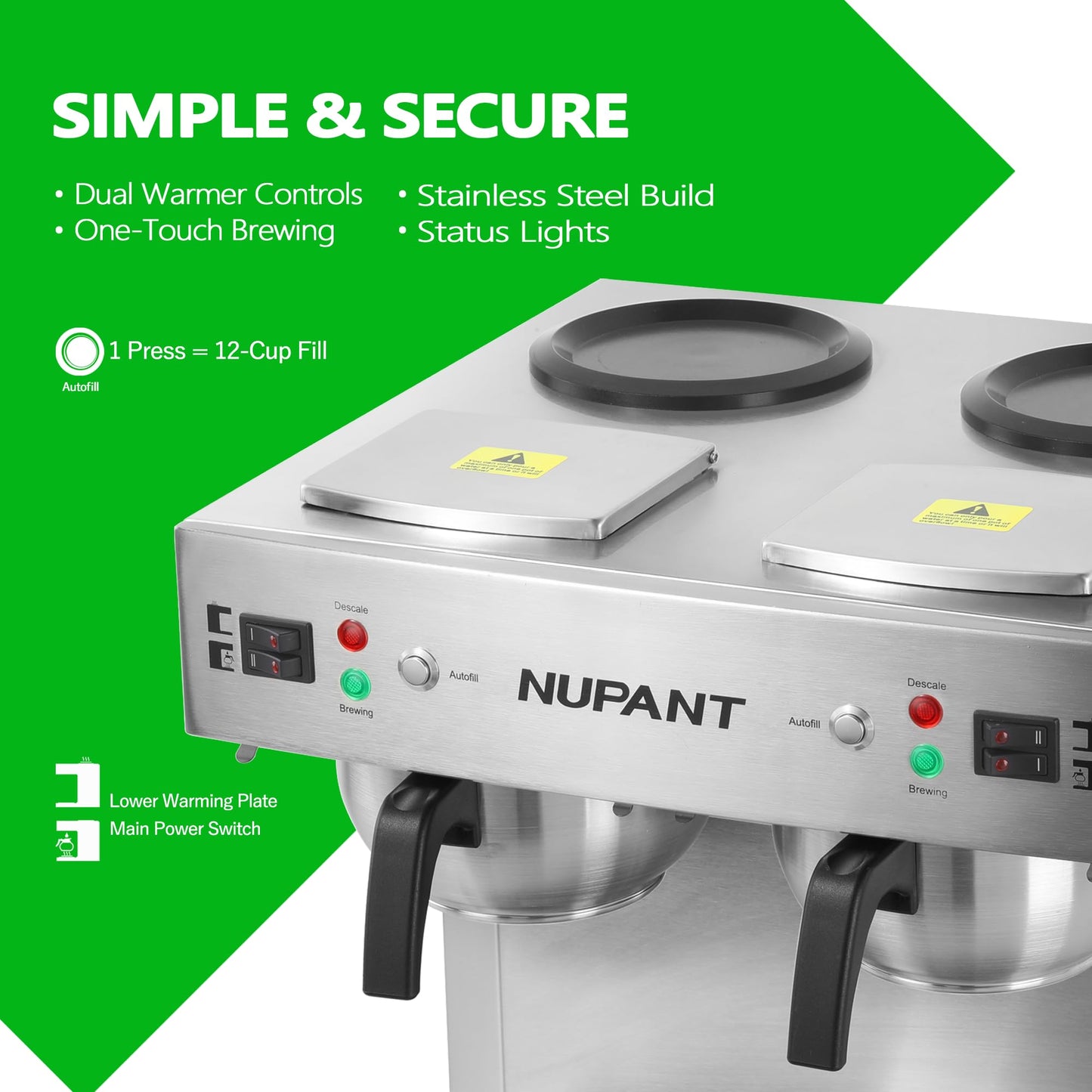 NUPANT Dual Drip Commercial Coffee Maker with Water Line 200 Cup/H 7.2L Auto-Filling Drip Coffee Maker Machine with 4 Carafes & 4 Warmers Stainless Steel Pour over Double Coffee Brewer for Restaurant