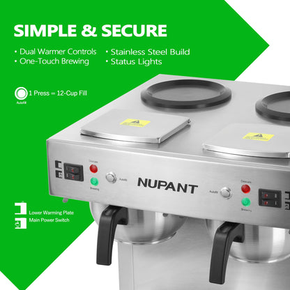 NUPANT Dual Drip Commercial Coffee Maker with Water Line 200 Cup/H 7.2L Auto-Filling Drip Coffee Maker Machine with 4 Carafes & 4 Warmers Stainless Steel Pour over Double Coffee Brewer for Restaurant