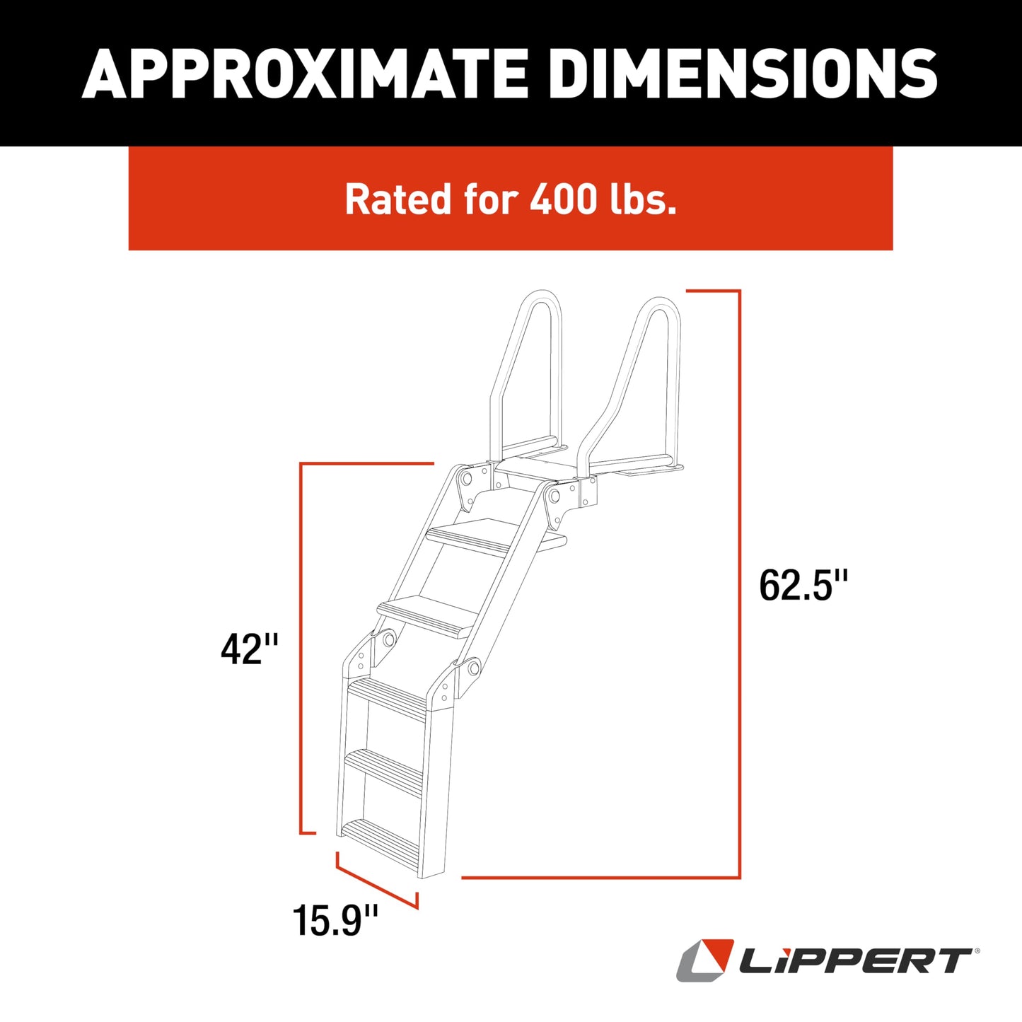 Lippert SureStep Pontoon Ladder for Boats, Slip-Resistant Steps, Easy Boarding for Kids & Dogs, Stainless Steel Handrails, Powder-Coated Aluminum Steps, Saltwater Rated - 2025041871