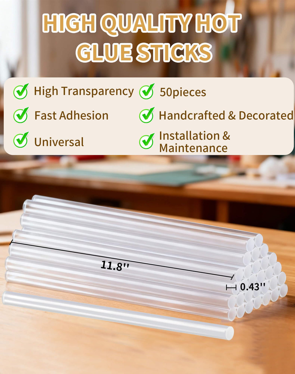 SUNFATT Hot Glue Sticks Full Size,(50 Pcs) 11.8" x 0.43" Large Hot Glue Sticks Perfect for Hot Glue Gun,Easily Create and Bond Crafts on Wood,Plastic,Glass,Flowers,Fabrics,Foam,Jewellery.