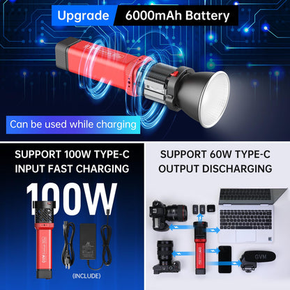 GVM PD60B Studio Lights with Bowen Mount Adapter, COB Photography Lighting with Fast Charger, Portable Video Light for Photographers Flashlight, Spotlight for APP Control, 2700-6800K, 49300LUX/0.5M