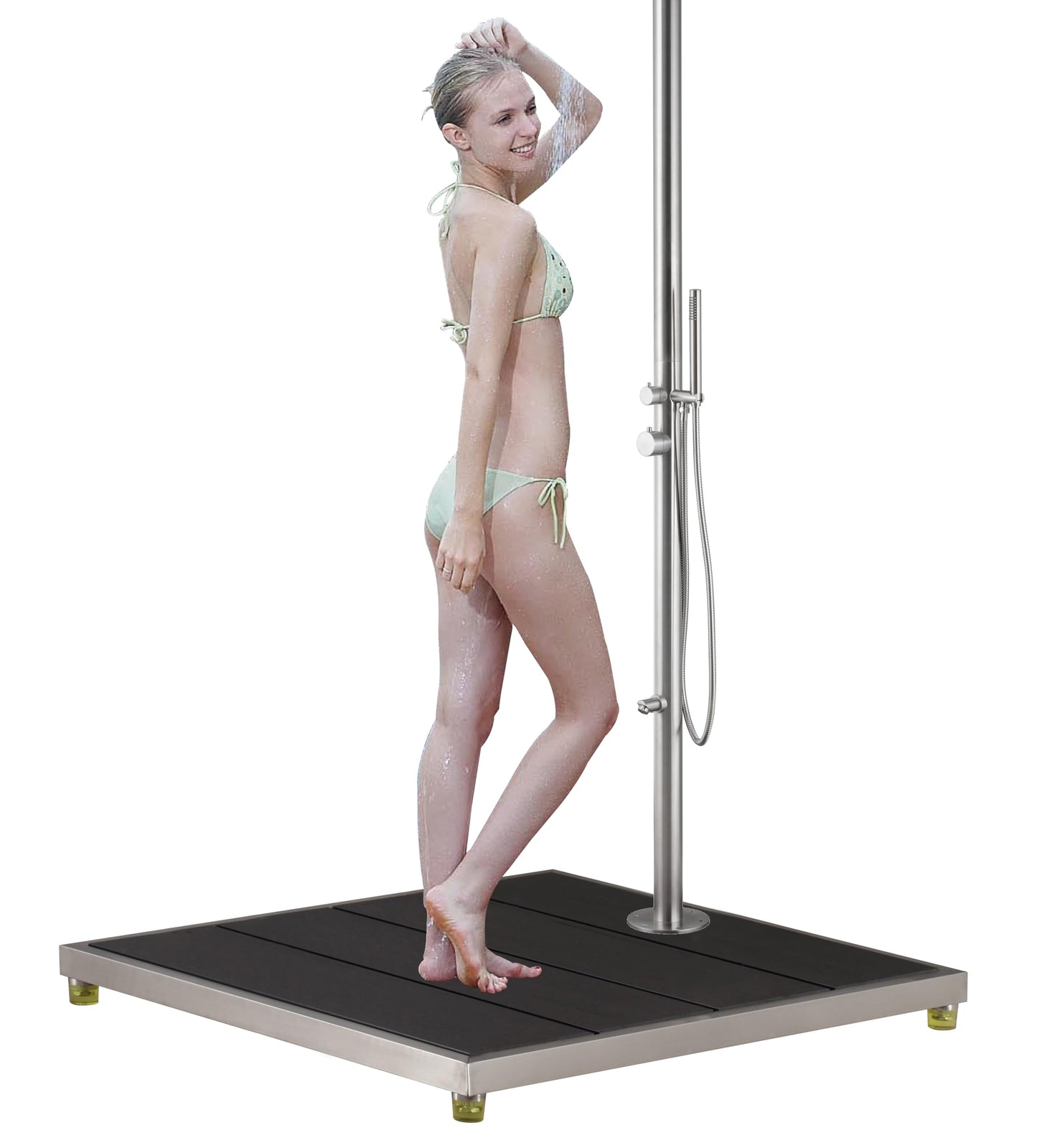 Wayime 33 * 30" Plastic Wood with Stainless Steel Frame Dark Grey Outdoor Shower Stand Platform Without Outdoor Shower, Help Mount Outdoor Shower Without Using Concrete&Without Calling Plumber