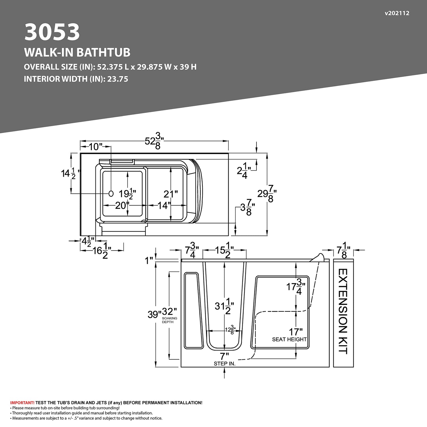 ANZZI Walk-In Tub, 30 x 53 in, Right Drain, Air & Whirlpool Jets, 110V