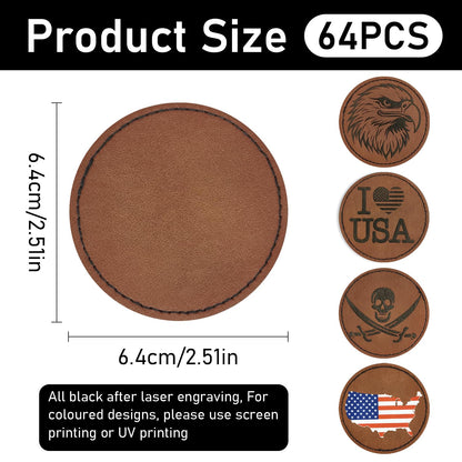 J.CARP 64Pcs Blank Leatherette Hat Patches with Adhesive, Iron on Leather Patches for Hats, Laser Engraving Heat Press Leather Patch for Fabric Clothes Repair Repair Brown Round