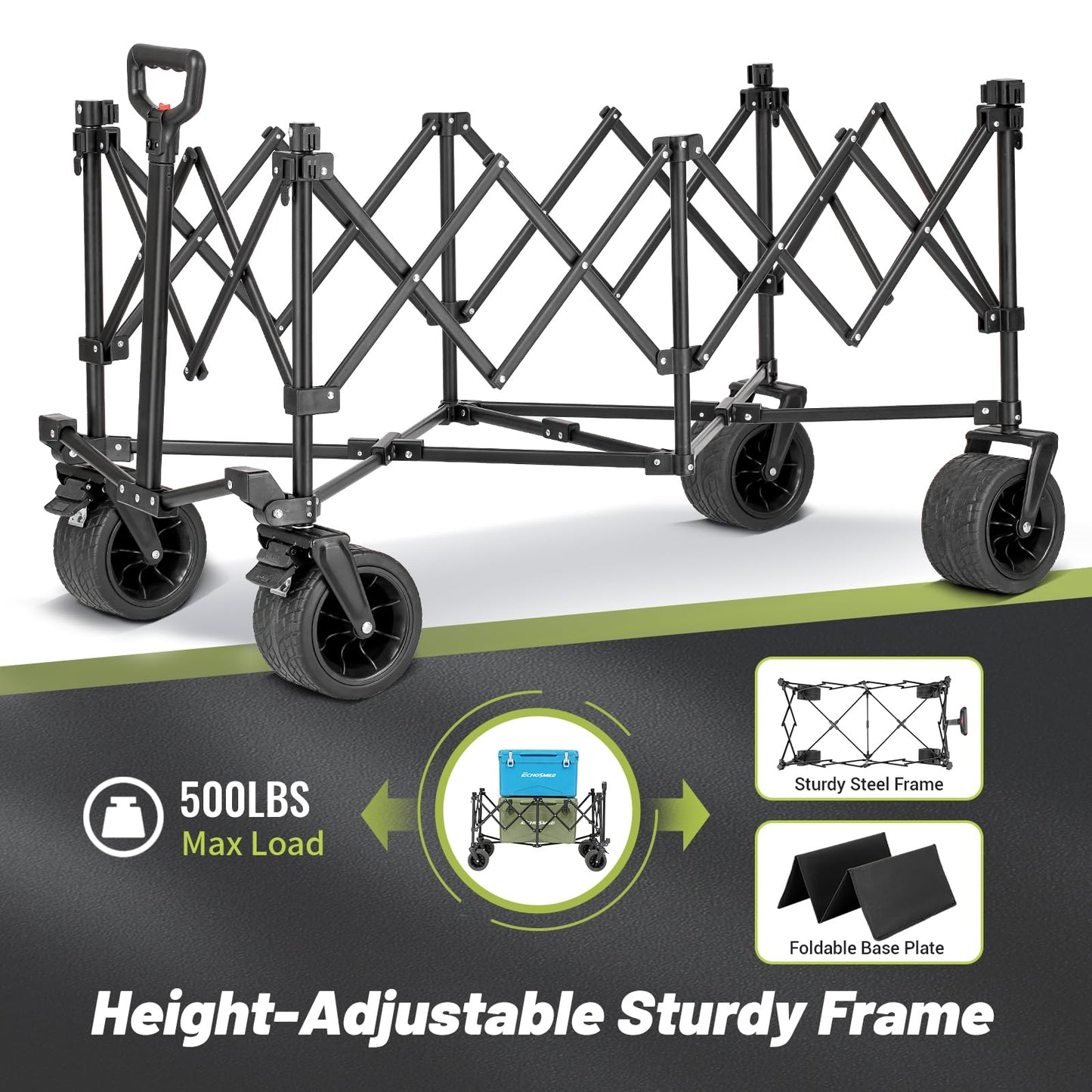 EchoSmile Collapsible Foldable Extended Wagon with 500Lbs Weight Capacity, 300L Folding Utility Wagon Cart with Big All-Terrain Wheels for Beach,Sport,Garden&Grocery (Green)