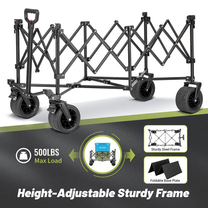 EchoSmile Collapsible Foldable Extended Wagon with 500Lbs Weight Capacity, 300L Folding Utility Wagon Cart with Big All-Terrain Wheels for Beach,Sport,Garden&Grocery (Green)