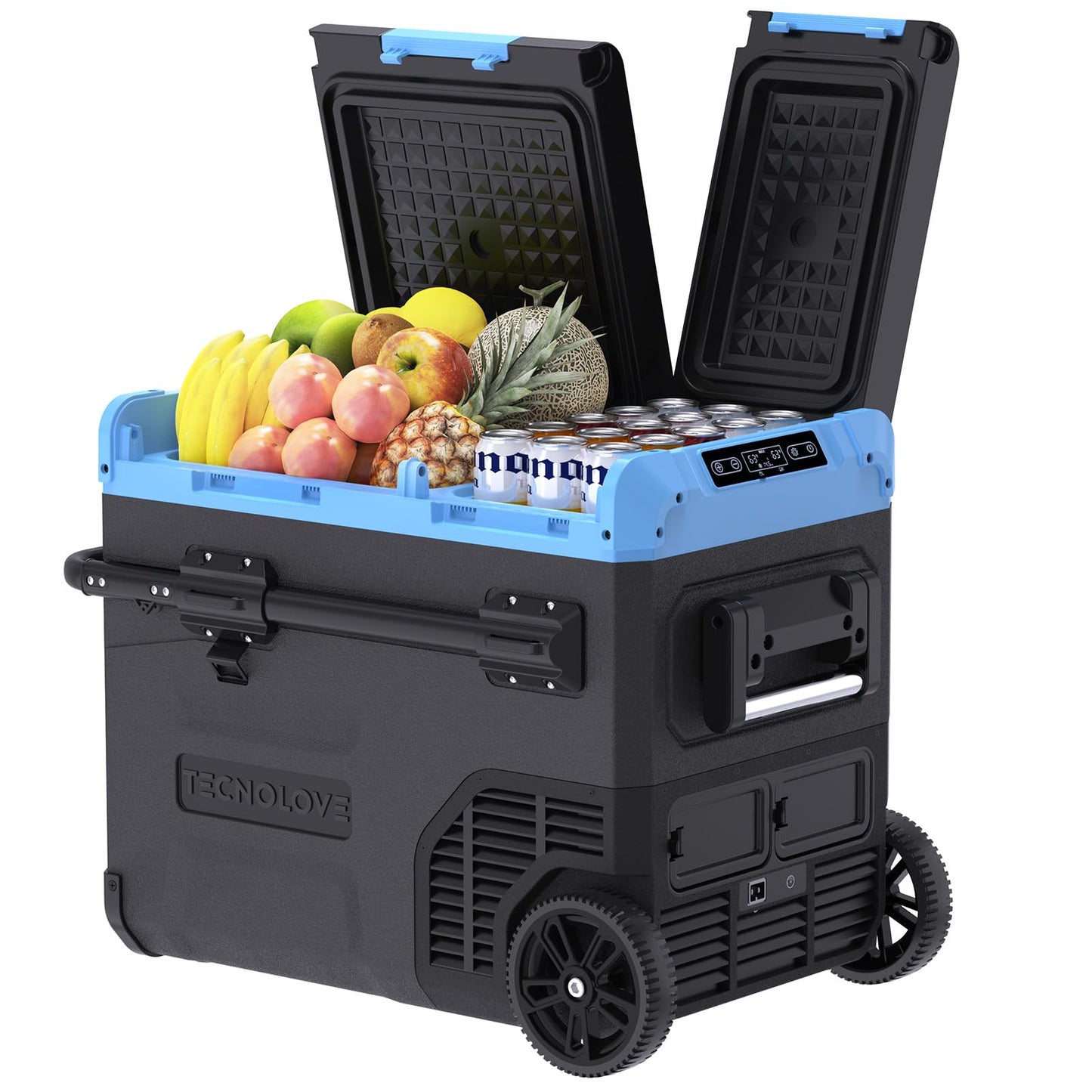 Tecnolove 45L Dual Zone Car Refrigerator Freezer, -4℉~68℉, 48Qt Compressor Cooler with Reversible Door, Metal Handle, Dual Battery Slot, 100–240V AC / 12V / 24V DC Powered, LED Light – Ice Blue