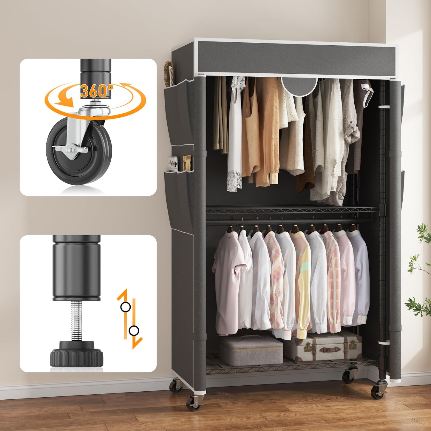 Homdox Garment Rack with Cover, Heavy Duty Clothing Rack for Hanging Clothes, Portable Closet Wardrobe, Double Rods Garment Rack with wheels, 35.1" W x 17.4" D x 80.6" H, Gray