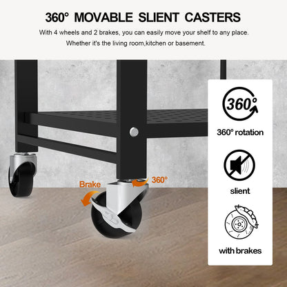 Himix Storage Shelves with Hooks, No Assembly Metal Folding Shelf on Wheels for Kitchen