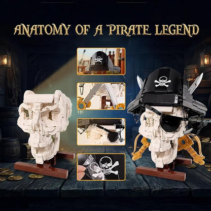 Gothic Pirate Skull Building Set for AdultsHorror Skeleton Head Model with Display Base Cool Unique Ideal Building Block Sets for Home Table Decor (1167 PCS)