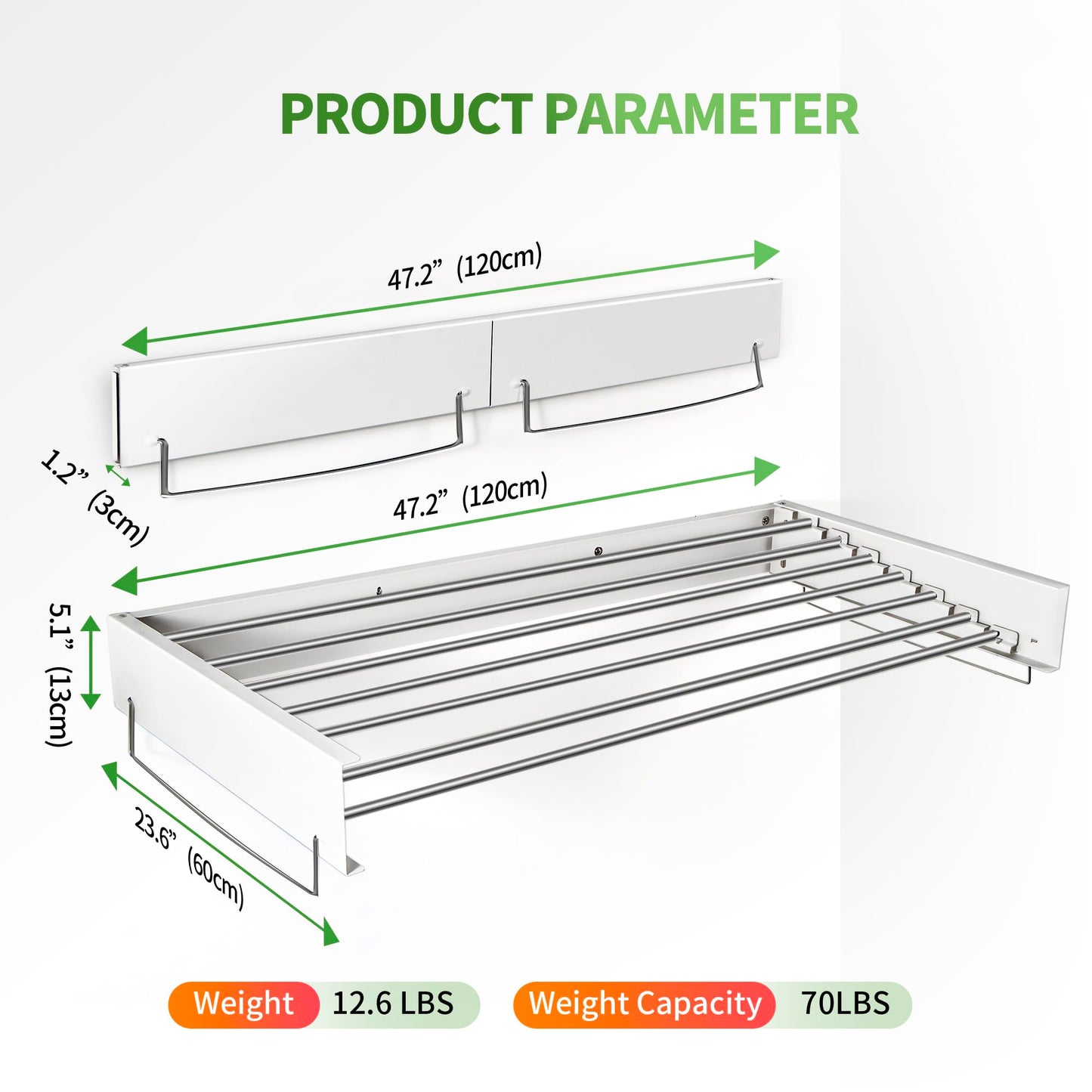 Heshecein Wall Mounted Drying Rack,Collapsible Drying Racks for Laundry,7 Stainless Steel Rods,Folding Indoor/Outdoor Drying Rack Clothing,Collapsible Laundry Drying Rack,47” Wide