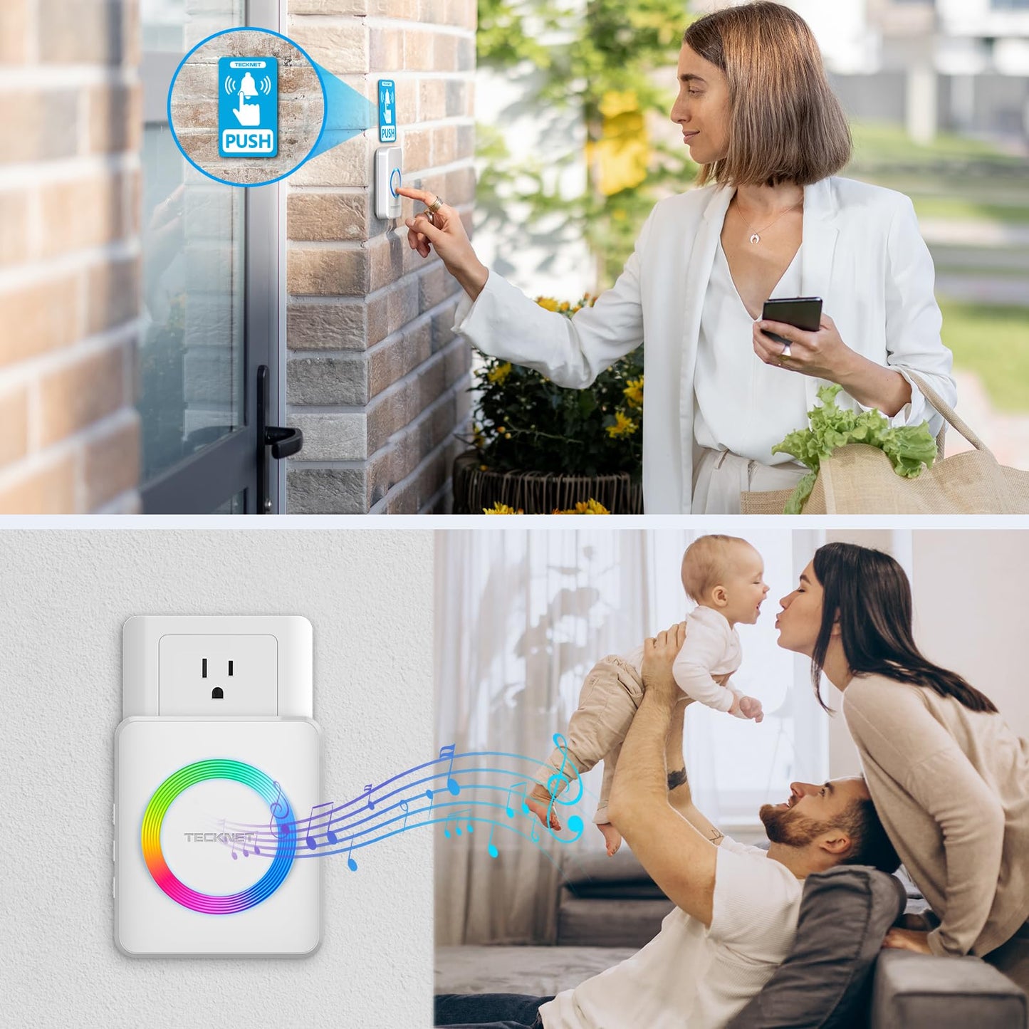 TECKNET Wireless Doorbell, Door Bell 0-120dB, 1300 ft Wireless Range, IP65 Waterproof Classroom Doorbells, 60 Chimes & 5 Volume Levels, RGB Light for Home Kid Room Office Hearing Impaired