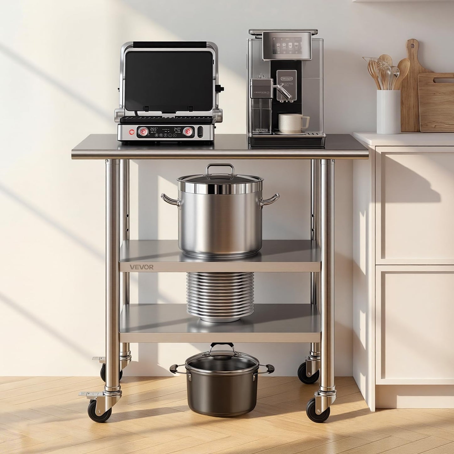 VEVOR Stainless Steel Work Table, 24x36 Inch Food Prep Table with 2 Shelves and Wheels, Commercial Kitchen Workstation, Metal Heavy Duty Utility Worktable, for Restaurant Home Hotel Garage Outdoor