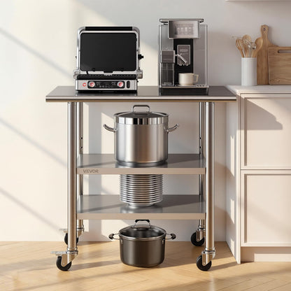 VEVOR Stainless Steel Work Table, 24x36 Inch Food Prep Table with 2 Shelves and Wheels, Commercial Kitchen Workstation, Metal Heavy Duty Utility Worktable, for Restaurant Home Hotel Garage Outdoor