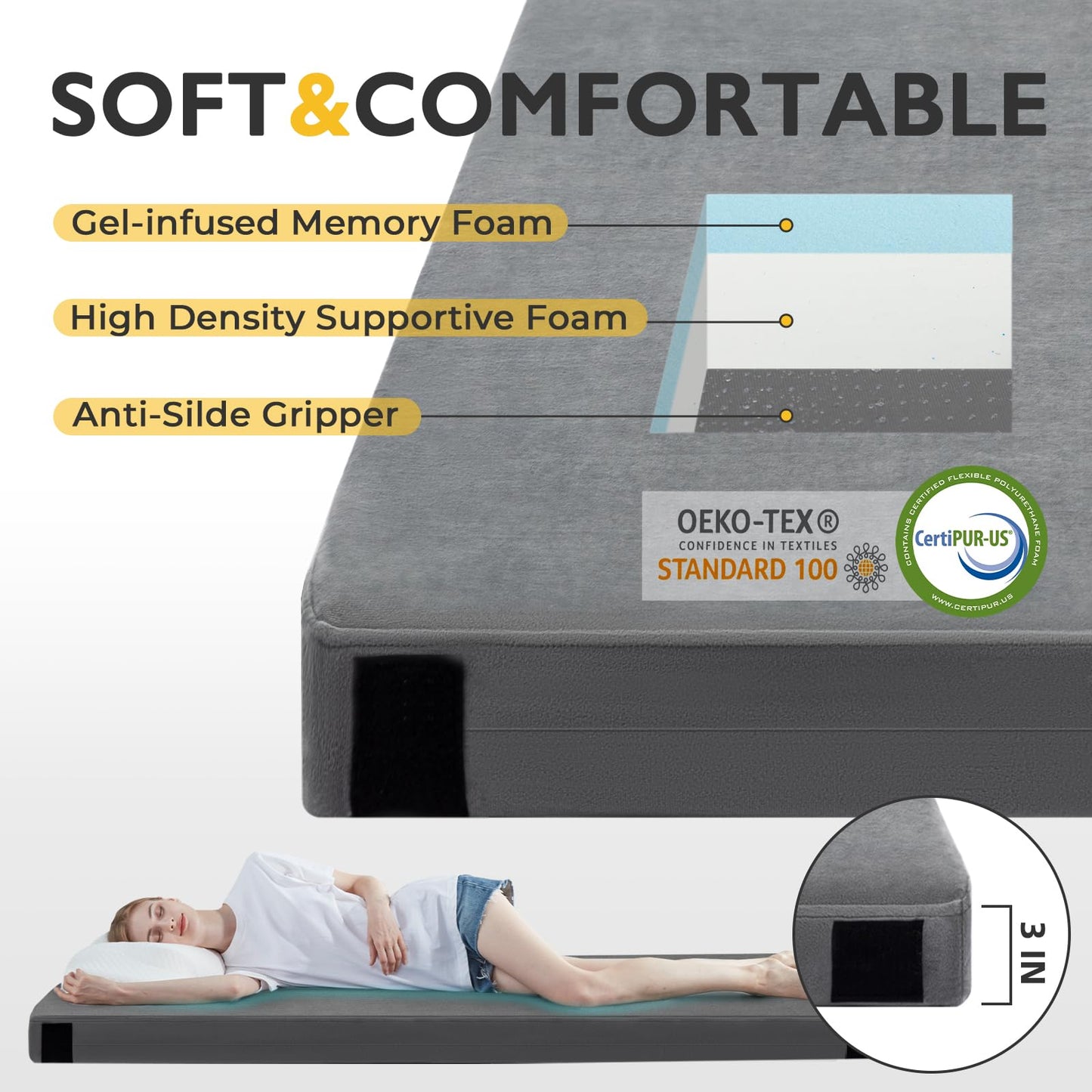 Kingfun 3 Inch CertiPUR-US Memory Foam Camping Mattress Pad, Waterproof Roll up Sleeping Pad, Thick Floor Sleeping Mats for Tent with Removable Travel Bag(Grey, Twin XL)