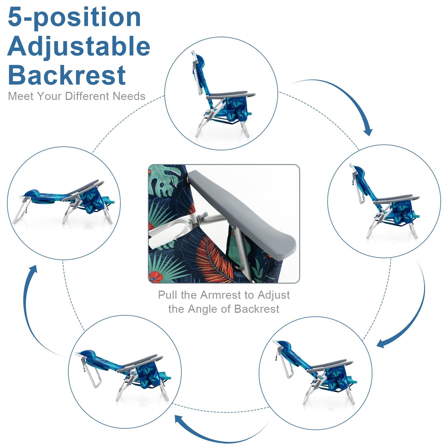GYMAX Beach Chairs, Backpack Camping Chair with Armrest, Cooler Bag, Cup Holder, Towel Bar & Side Pockets, Sunbath Sling Tanning Lounge, Folding Layout Chair (with Table, Coconut Tree)