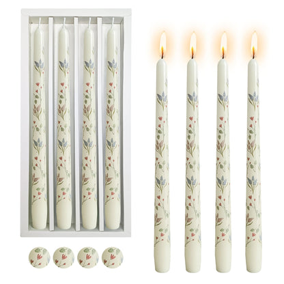 Floral Taper Candles Dripless Candlesticks, 4 Pack Unscented Flower Taper Candle, 10 Inch Elegant Pastel Candle Sticks for Easter, Saint Patrick’s Wedding Table Centerpieces Mother’s Day Home Decor