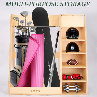 WINGYZ Premium Birch Plywood Golf Bag Storage for 2 Bags | 36lb Rock-Solid Golf Bag Organizer | 7-Shelf Command Center | Artificial Turf 12-Ball Display | No Wall Mounting Required (Natural)