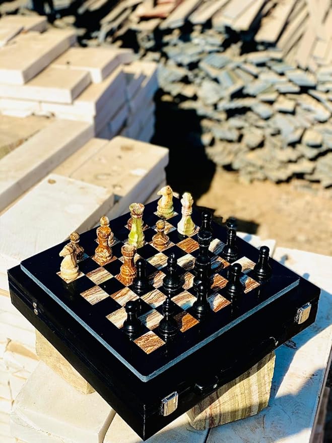 Marble Chess Set Handmade Onyx Full Chess Game Set.Comes in Rexine Box Packaging. Perfect for Gifting (Black Multigreen)