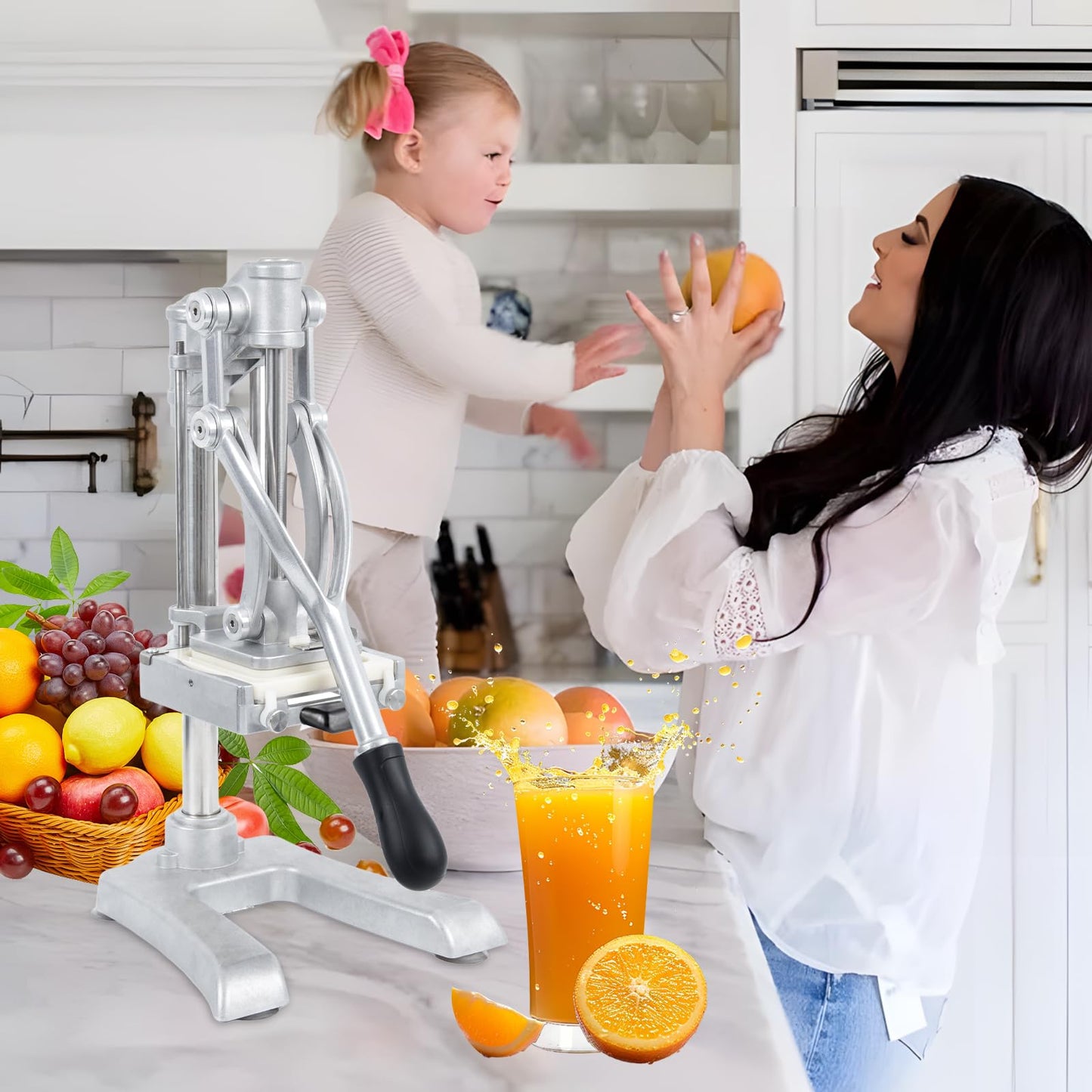 2-in-1 Commercial Juicer & Vegetable Chopper – Heavy Duty Cast Iron Manual Citrus Press with Stainless Steel Food Dicer, French Fry Cutter, 1/2" 3/8" 1/4" Blades for Potatoes