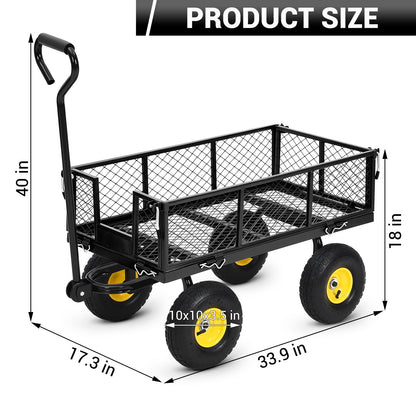 Steel Garden Cart 500 LBS with 10" Tires, Heavy Duty Garden Wagon Cart with 180° Rotating Handle and Removable Sides, Metal Wagon for Farm, Yard, Lawn, Black
