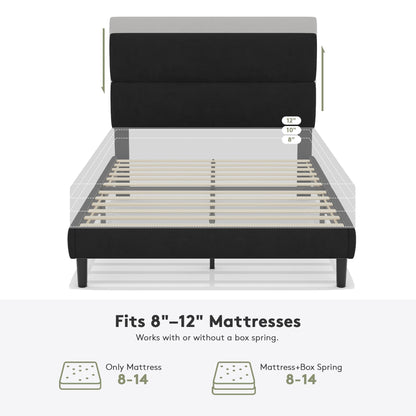 GRUSIGN Full Size Platform Bed Frame with Velvet Headboard, Adjustable Height Wooden Slats Support, Upholstered Mattress Foundation, Fits Mattress or Mattress with Box Spring, Easy Assembly, Black