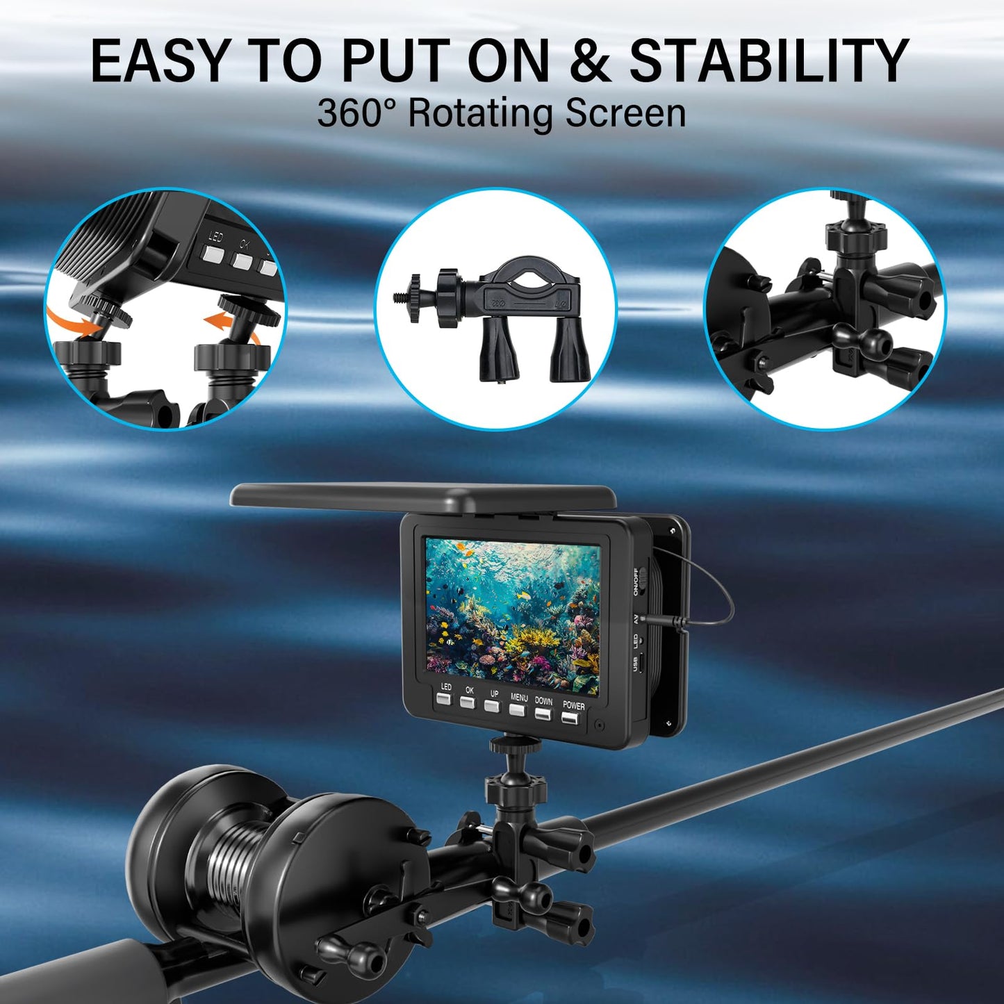 ESANHAO Underwater Fishing Camera 5" LCD Monitor Portable Fish Camera with Light 12pcs & 49ft/15m Cable Waterproof IP68 for Ice Fishing, Lake Sea Boat Kayak Fishing