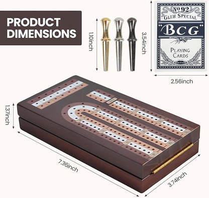 Cribbage Board Game Set Magnetic Lock &amp Built-in Storage - 3-Track Foldable Portable Travel Board for Family &amp Adults to Boost Logic Focus and Social Fun