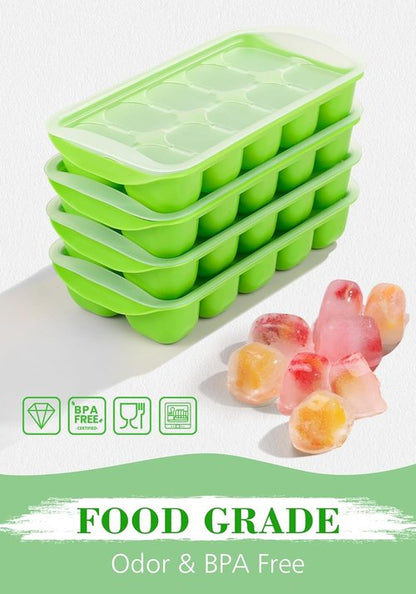 DOQAUS Ice Cube Tray - 4 Pack Stackable Silicone Trays with Lid & Bin | BPA Free for Easy Ice Release