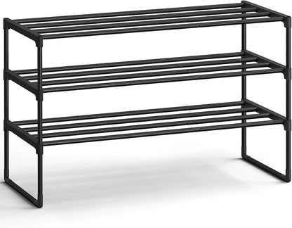SONGMICS 3-Tier Shoe Rack - Stackable Metal Organizer for 16-20 Pairs | Black, 11.8 x 36.2 x 21.7 Inches