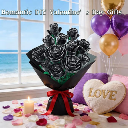 Black Rose Flower Building Blocks Bouquet 12 PCS Gothic Artificial Roses DIY Botanical Set Home Office Decor Gift for Women Adults Teens Valentines Day Mothers Day 512 PCS