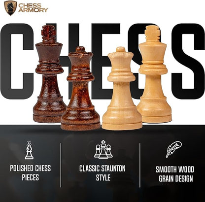 Chess Armory Wooden Chess Set 15 Inch - Premium Beech Wood Handcrafted Game Board for Adults and Kids with Extra Queen Pieces and Storage Box - Ideal for Home and Travel - Non-Magnetic