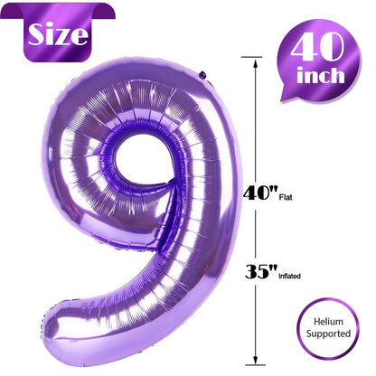 Purple Number 9 Balloon 40 Inch, 9th Birthday Party Decorations for Children, Giant 9 Foil Balloon for Party Supplies