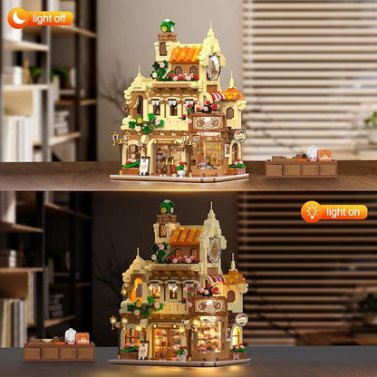 City Bakery Cafe House Building Set with Light 1289 PCS Baking Shop Building Block Toy with Coffee Cake Bread Bakery Room Pastry Construction Model for Adults Teens Kids Boys Girls Ages 8-12+