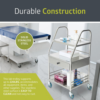 Pearington Rolling Medical and Lab Cart with 3 Shelves & Drawer, Transportable Workstation, Stainless Steel Mobile Storage Cart for Clinic, Salon, and More, 21.22'' L x 17.29'' W