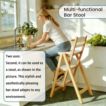 Wooden Folding Step Stool Chair, Solid Pine Wood 3-Step Ladder Stool with Seat, Multi-Purpose Step Chair for Kitchen, Home, Pantry or Bar Use(White)