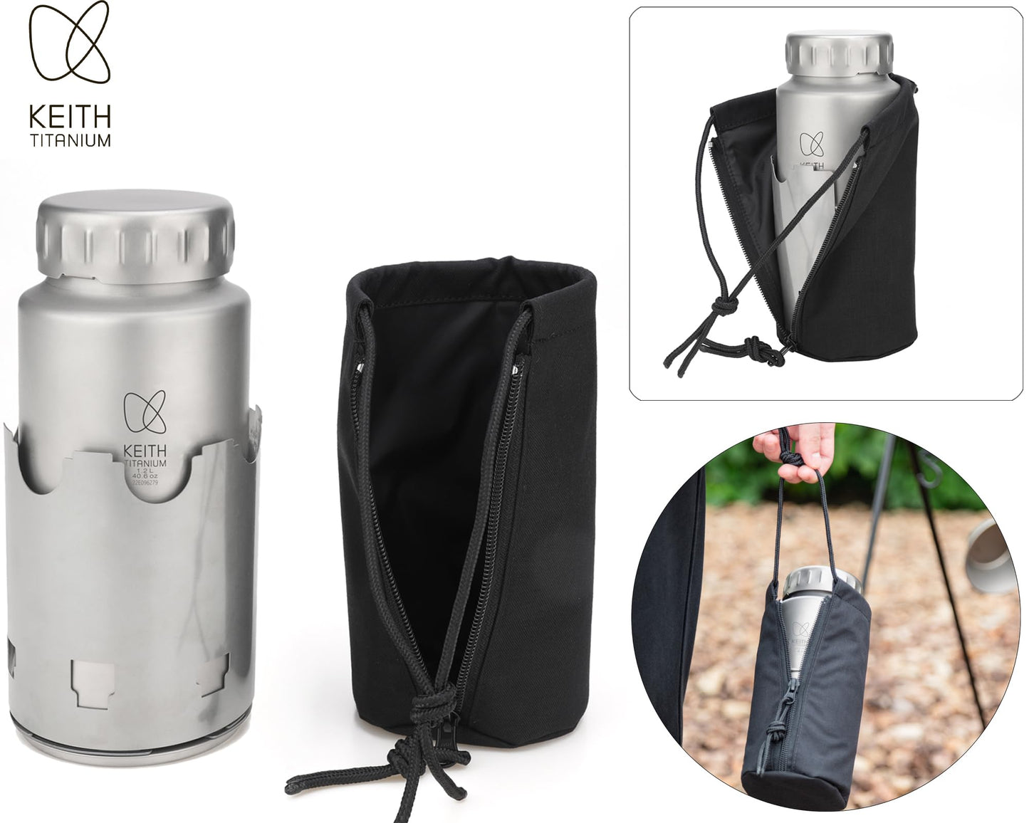 Keith Titanium Ti3070 Nesting Camp Set - Ultralight Plastic-Free Titanium Bottle, Mug & Wood Stove with Canvas Carry Bag - Durable, Portable, and Eco-Friendly for Camping, Hiking & Outdoor Adventures