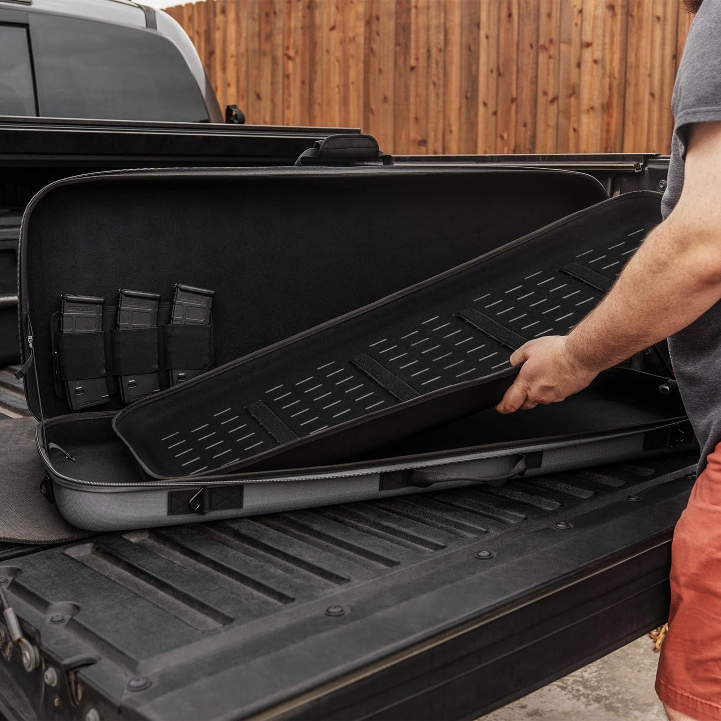 GRITR 42" Double Gun Case for Rifles & Shooting Accessories, Scoped Rifle EVA Case w/Durable Foam Insert, Lockable Zippers, 3-Mag Caddy, Zippered Pouch & Adjustable Shoulder Strap, Gray