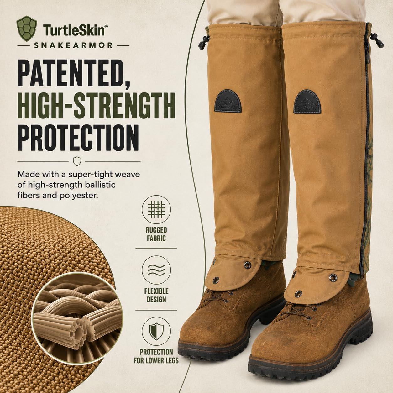 TurtleSkin Snake Gaiters, Lightweight & Waterproof Snake Guards for Men & Women, Durable Reversible Snake Chaps for Hunting,Tactical & Survival Gear – Camo/Khaki